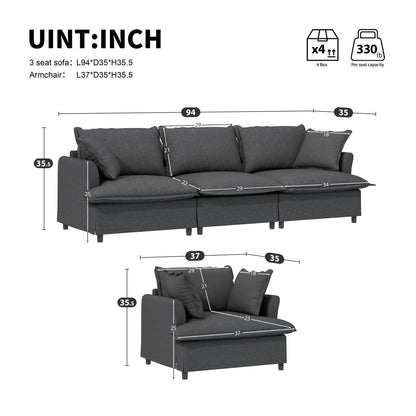 2 Piece Living Room Set With Throw Pillows Sectional Couch Sets, Upholstered 3 Seater Sofa & Armchair 4 Seat - Gray