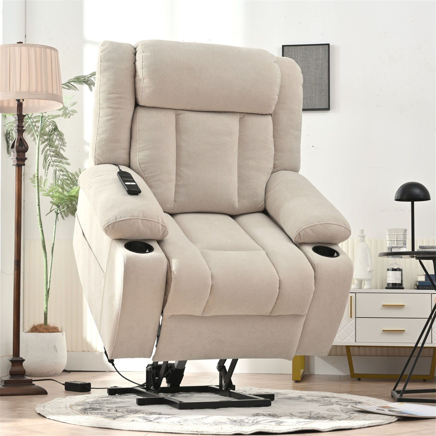 Power Lift Recliner Chair - Fabric Single Sofa With Extended Footrest, Remote Control, Cup Holders, And Side Pockets For Living Room Or Home Theater - Light Gray