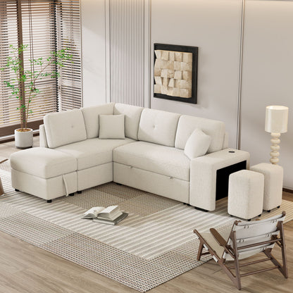 Convertible Sleeper, Sectional Pull Out Sofa Bed With Storage Ottoman, 2 Throw Pillows, 2 Stools, Wireless Charger And Two Hidden USB Ports For Living Room - Cream