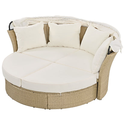 Outdoor Patio Daybed Wicker Rattan Double Daybed Round Sofa Furniture Set With Retractable Canopy, 4 Pillows For Lawn Garden Backyard Porch Pool - Beige