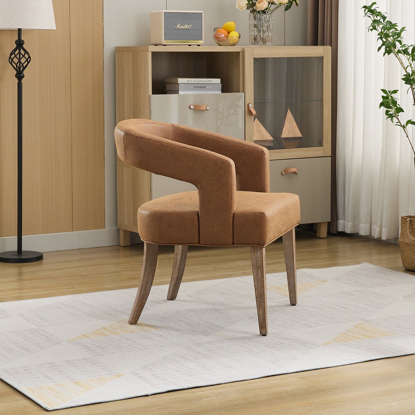 Wide Modern Barrel Open Back Upholstered Accent Chair With Weathered Solid Wood Legs Dining Chairs For Dining Room, Club, Kitchen And Living Room - Brown