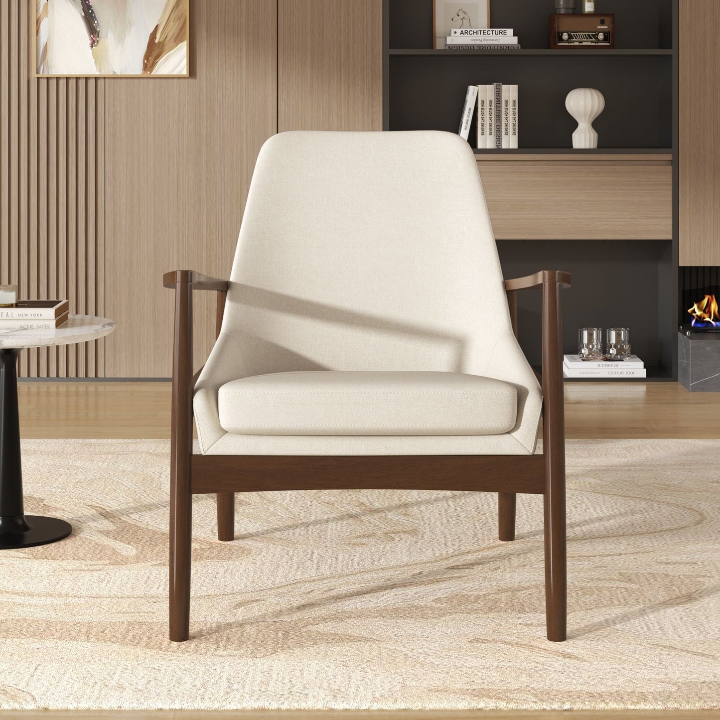 Accent Chair, Mid-Century Modern Armchair With Solid Wood Frame, Reading Leisure Chair With High Back For Living Room - Beige