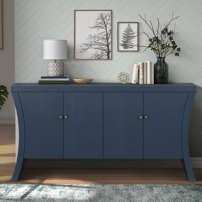 Refined Industrial 4 Door Credenza With Wooden Arc Legs & Bronze Clasps, Advanced Storage Design - Navy Blue