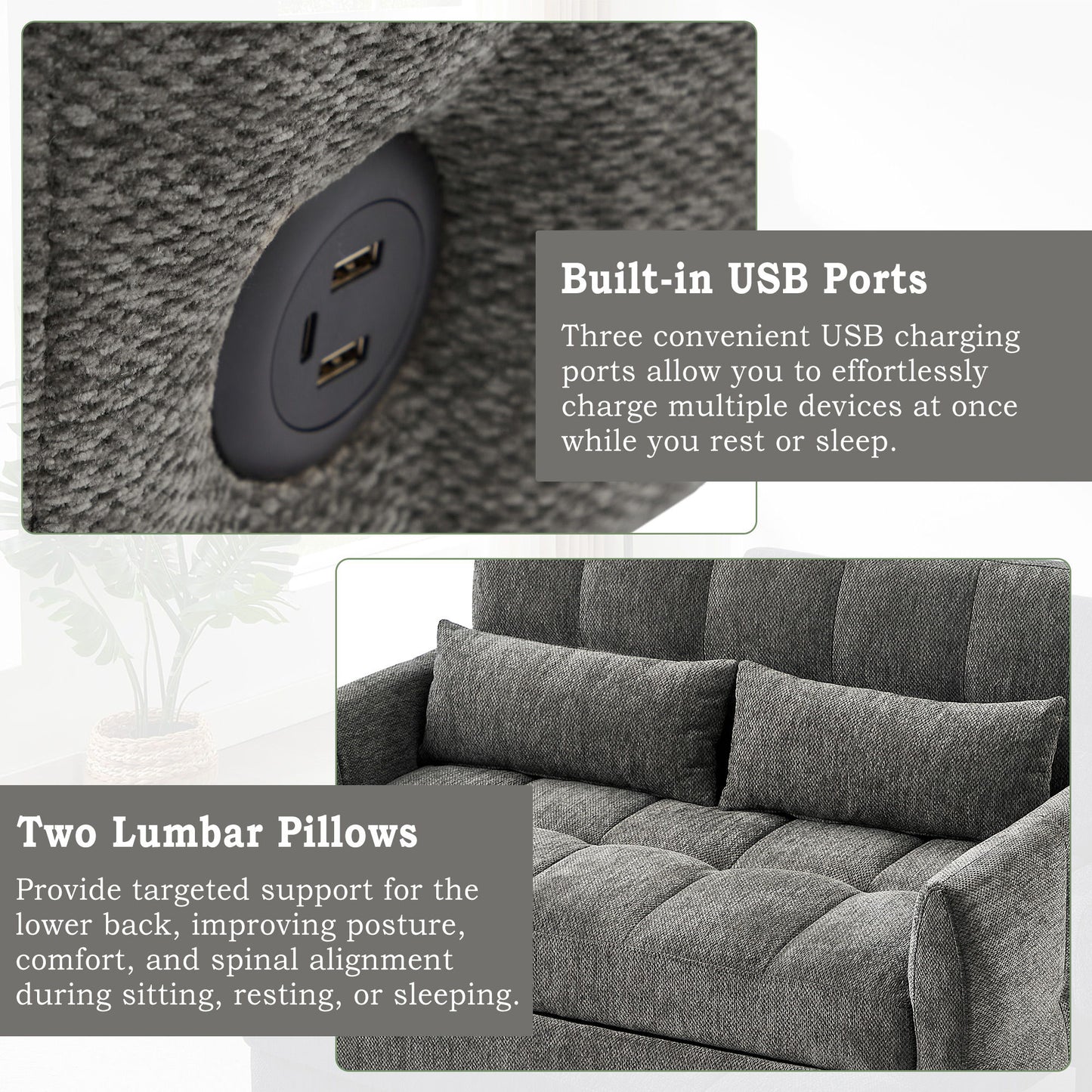 Loveseat Sofa Pull Out Sofa Bed Tufted Sleeper Sofa With An Adjustable Backrest, 3 USB Ports And 2 Lumbar Pillows For Living Room - Gray