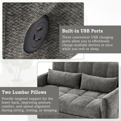 Loveseat Sofa Pull Out Sofa Bed Tufted Sleeper Sofa With An Adjustable Backrest, 3 USB Ports And 2 Lumbar Pillows For Living Room - Gray