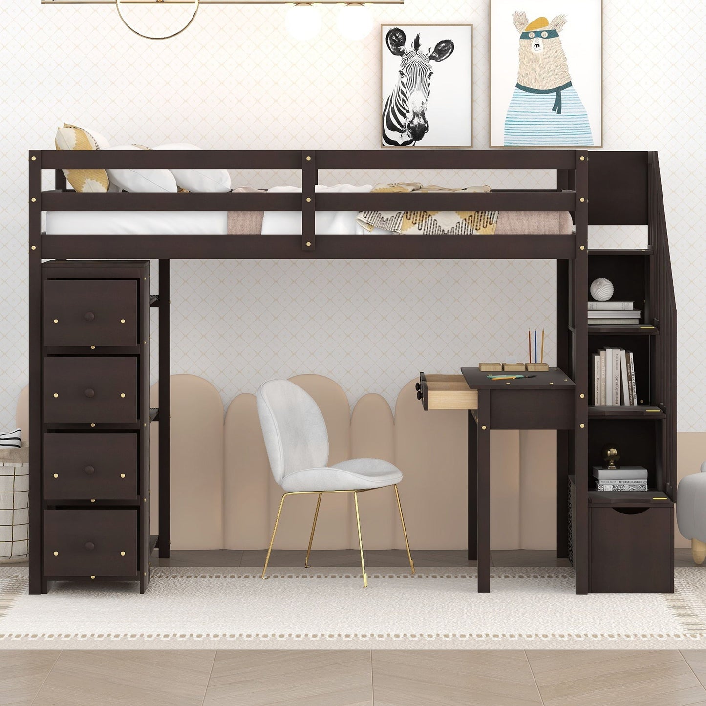 Twin Size Loft Bed With Storage Drawers, Desk And Stairs With Shelves - Espresso