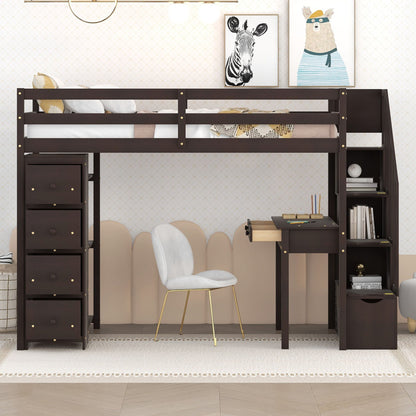 Twin Size Loft Bed With Storage Drawers, Desk And Stairs With Shelves - Espresso