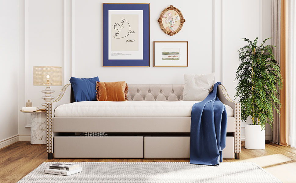 Full Size Upholstered Daybed With Two Drawers, Slat Support - Beige