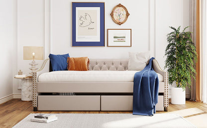Full Size Upholstered Daybed With Two Drawers, Slat Support - Beige