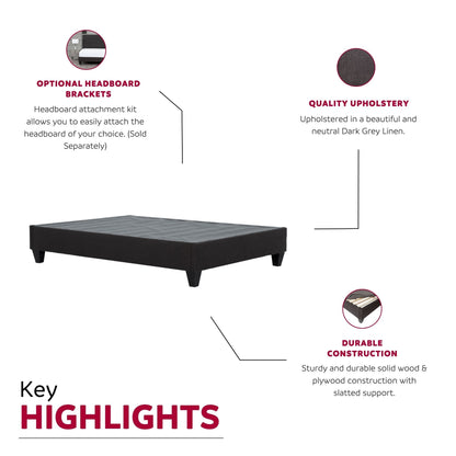 Full Size, Modern Upholstered Platform Bed Frame, Solid Wood & Plywood Construction - Dark Gray