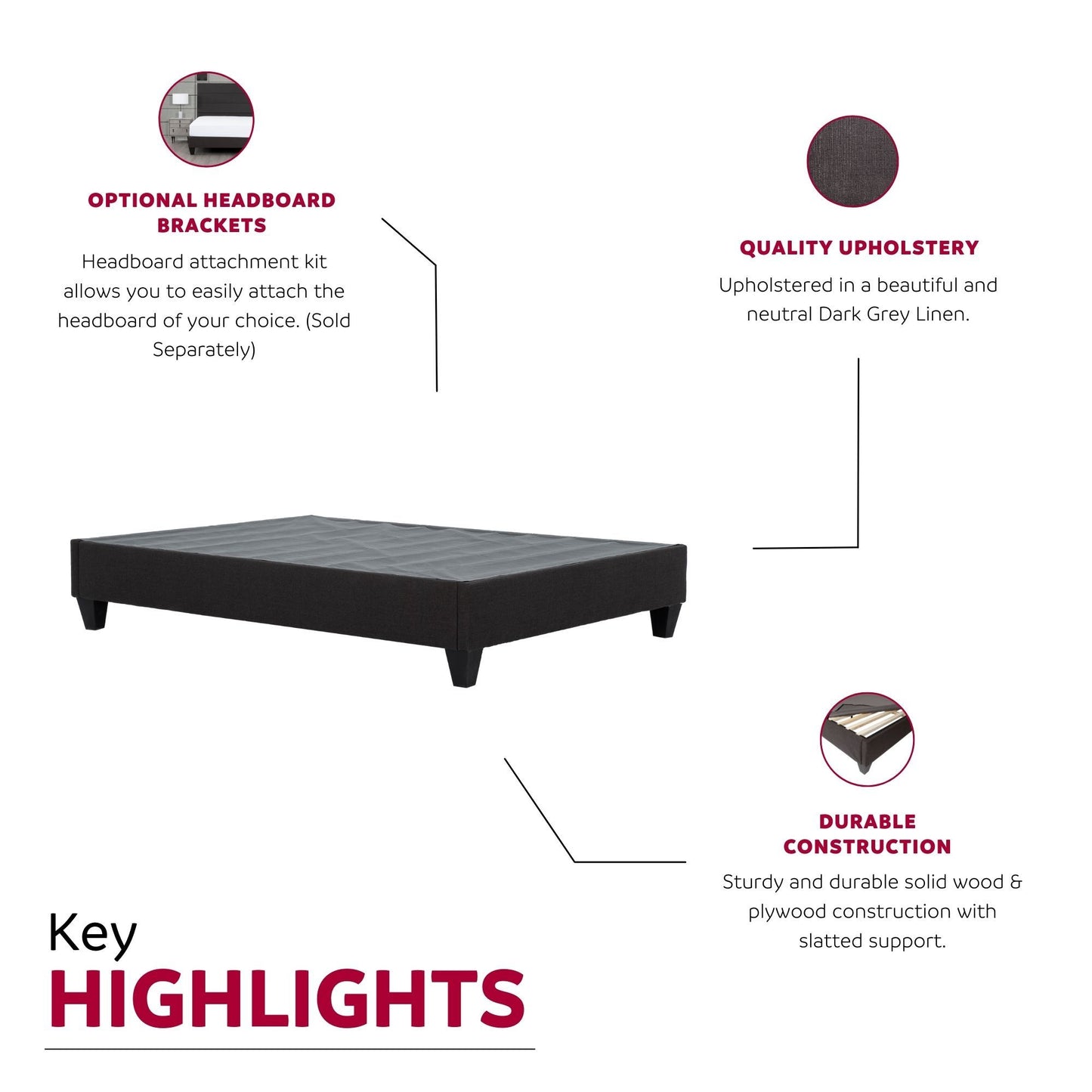 Twin Size, Modern Upholstered Platform Bed Frame, Solid Wood & Plywood Construction - Dark Gray
