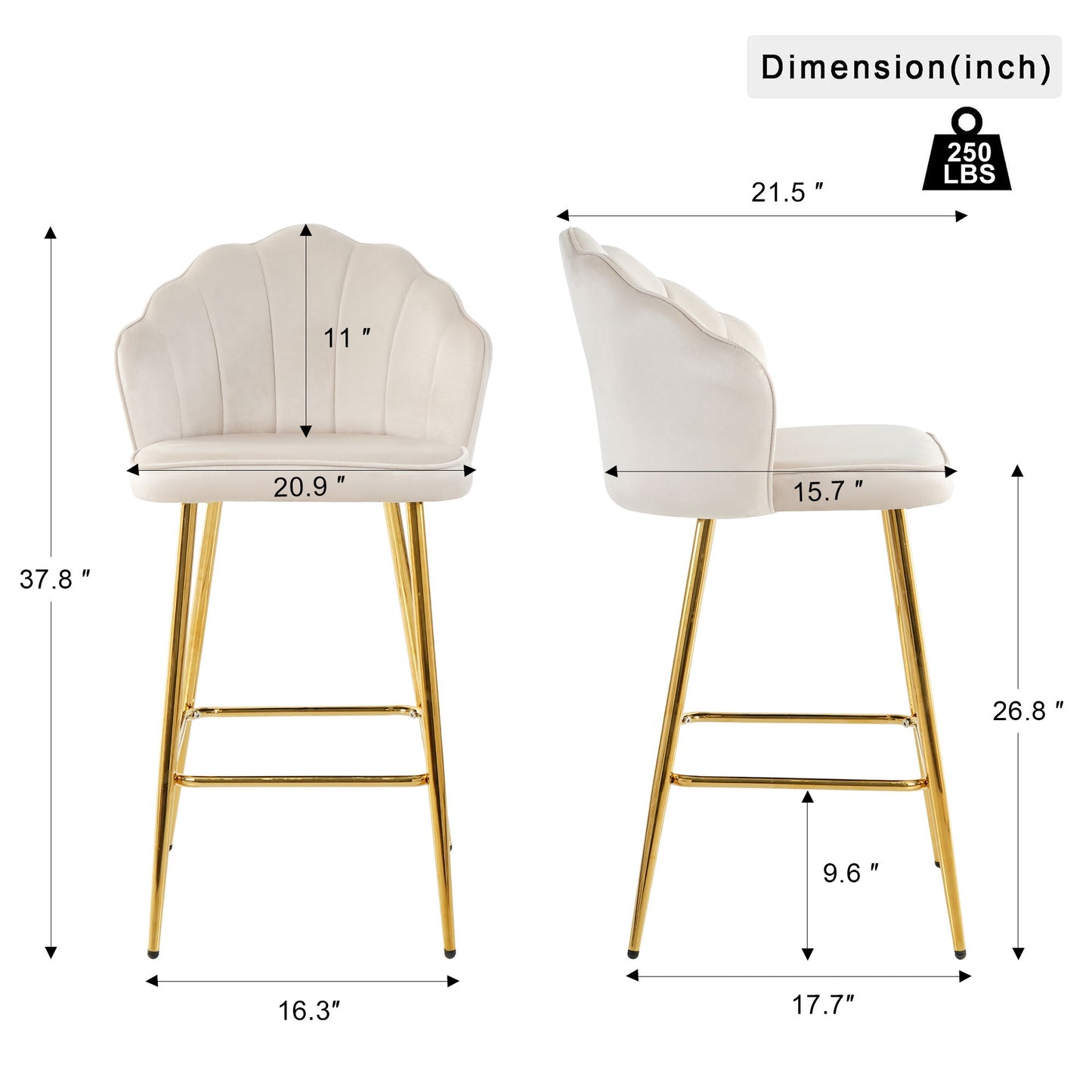 Elegant Shell Shape Off White Velvet Bar Chair Plated Metal Legs For Coffee Shops And Restaurants (Set of 2) - Gold
