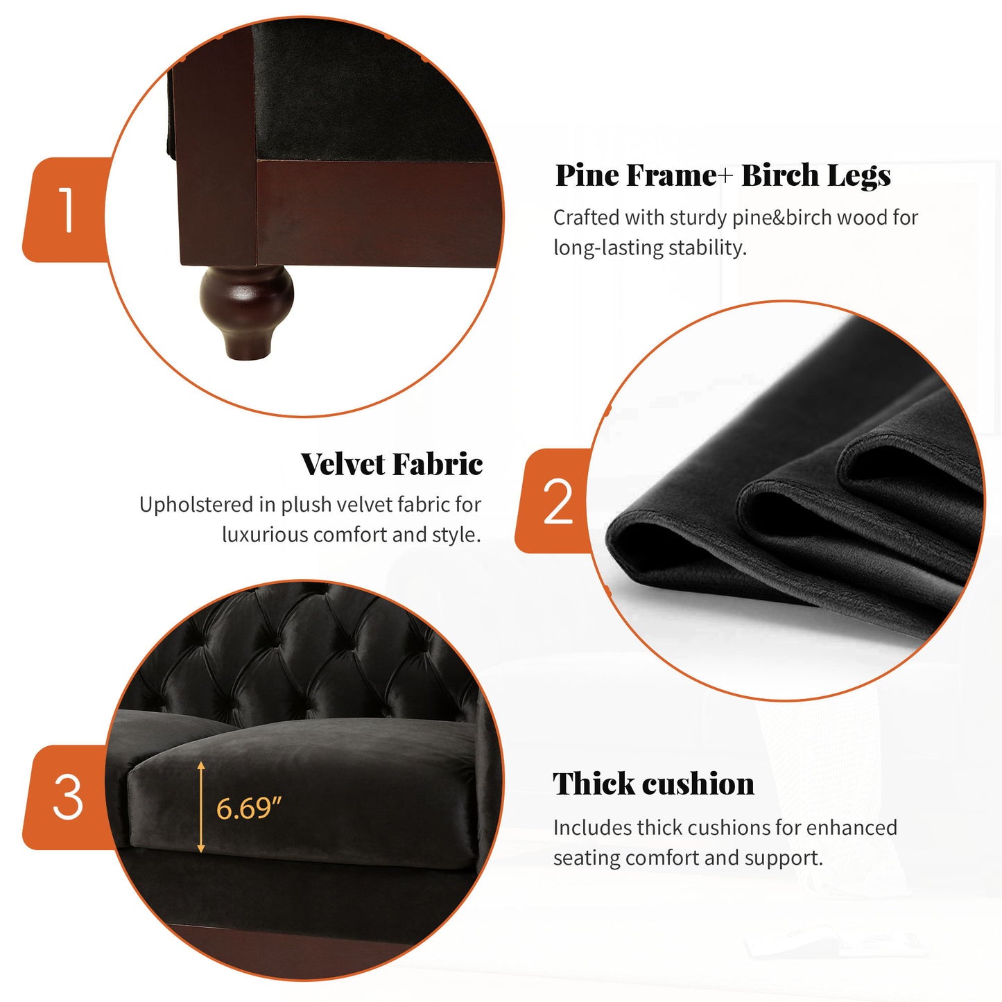 Chesterfield Velvet Loveseat Sofa, 2 Person Rolled Arm Upholstered Couch - Black