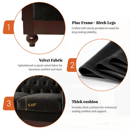 Chesterfield Velvet Loveseat Sofa, 2 Person Rolled Arm Upholstered Couch - Black