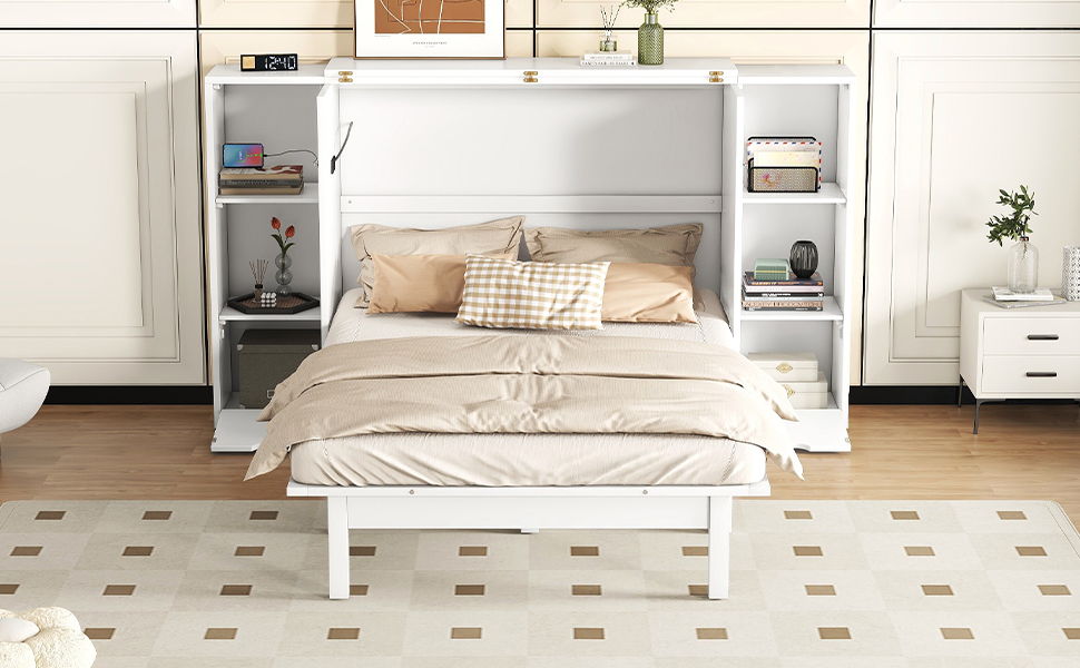 Queen Size Murphy Bed With Shelves, Drawers And USB Ports - White