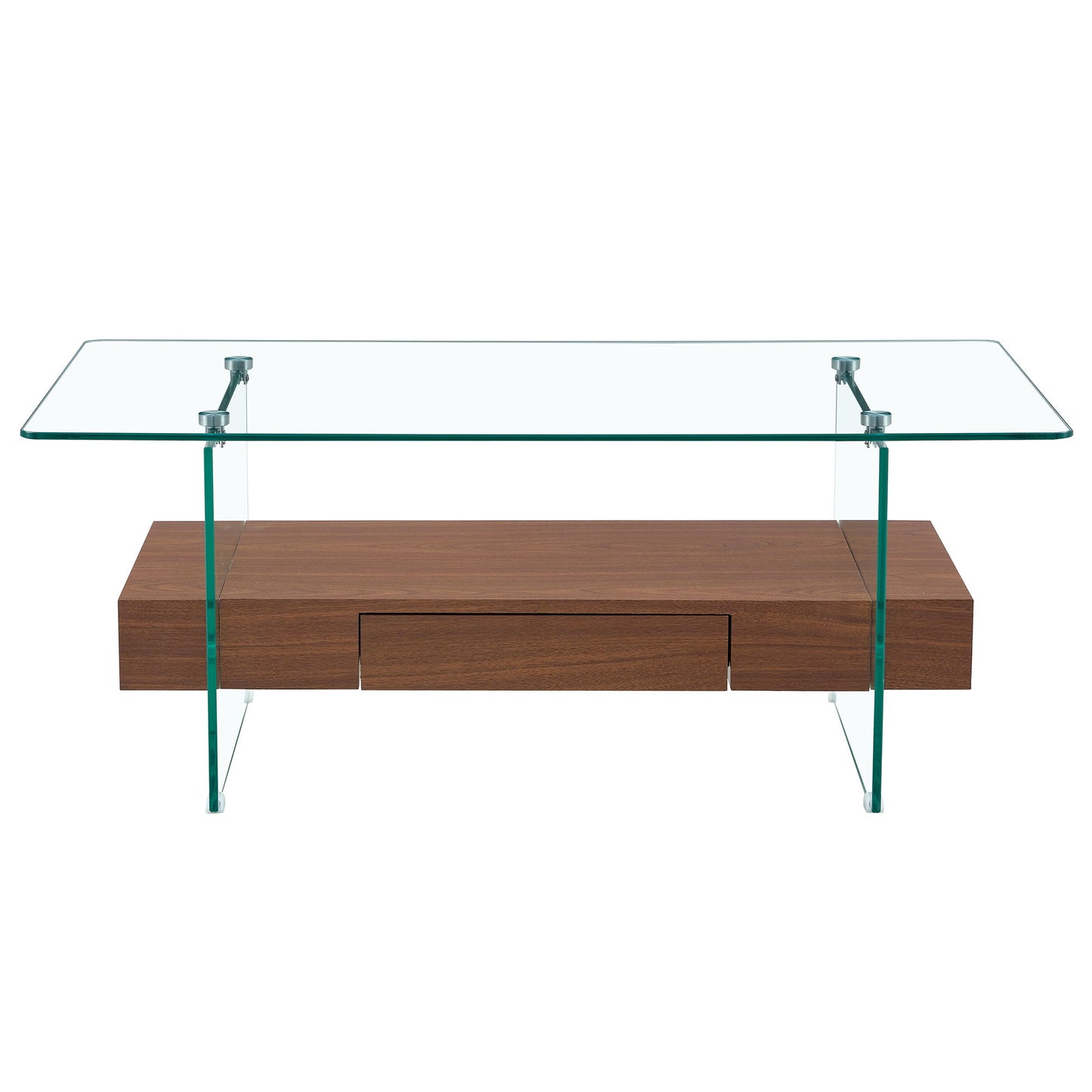 Modern 2 Tier Coffee Table With Drawer Clear Tempered Glass, Multifunctional Storage - Transparent / Wood