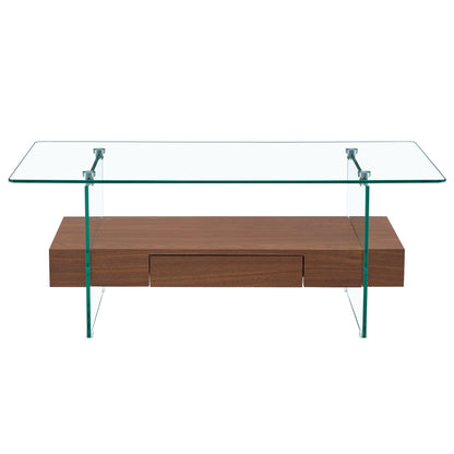 Modern 2 Tier Coffee Table With Drawer Clear Tempered Glass, Multifunctional Storage - Transparent / Wood