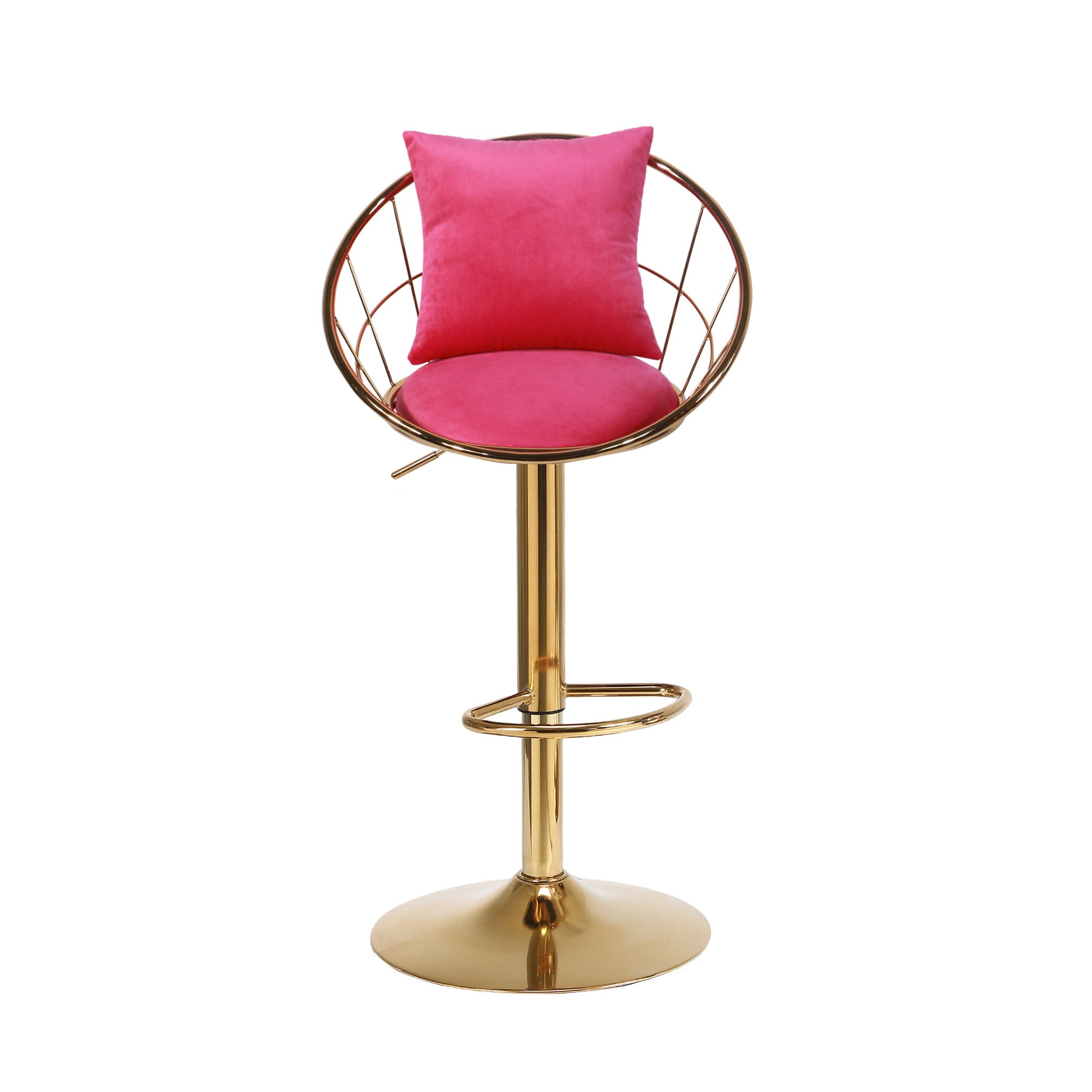 Velvet Bar Chair, Pure Gold Plated, Unique Design, 360 Degree Rotation, Adjustable Height, Suitable For Dining Room And Bar, (Set of 2) - Rose Red