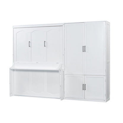 Queen Size Murphy Wall Bed With Closet, Space Saving Design - White
