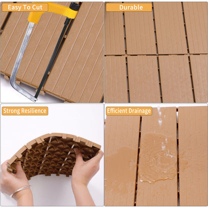 Plastic Interlocking Deck Tiles, (Set of 44), Patio Flooring Outdoor Waterproof All Weather Use For Garden Poolside Front / Back Yard - Burlywood