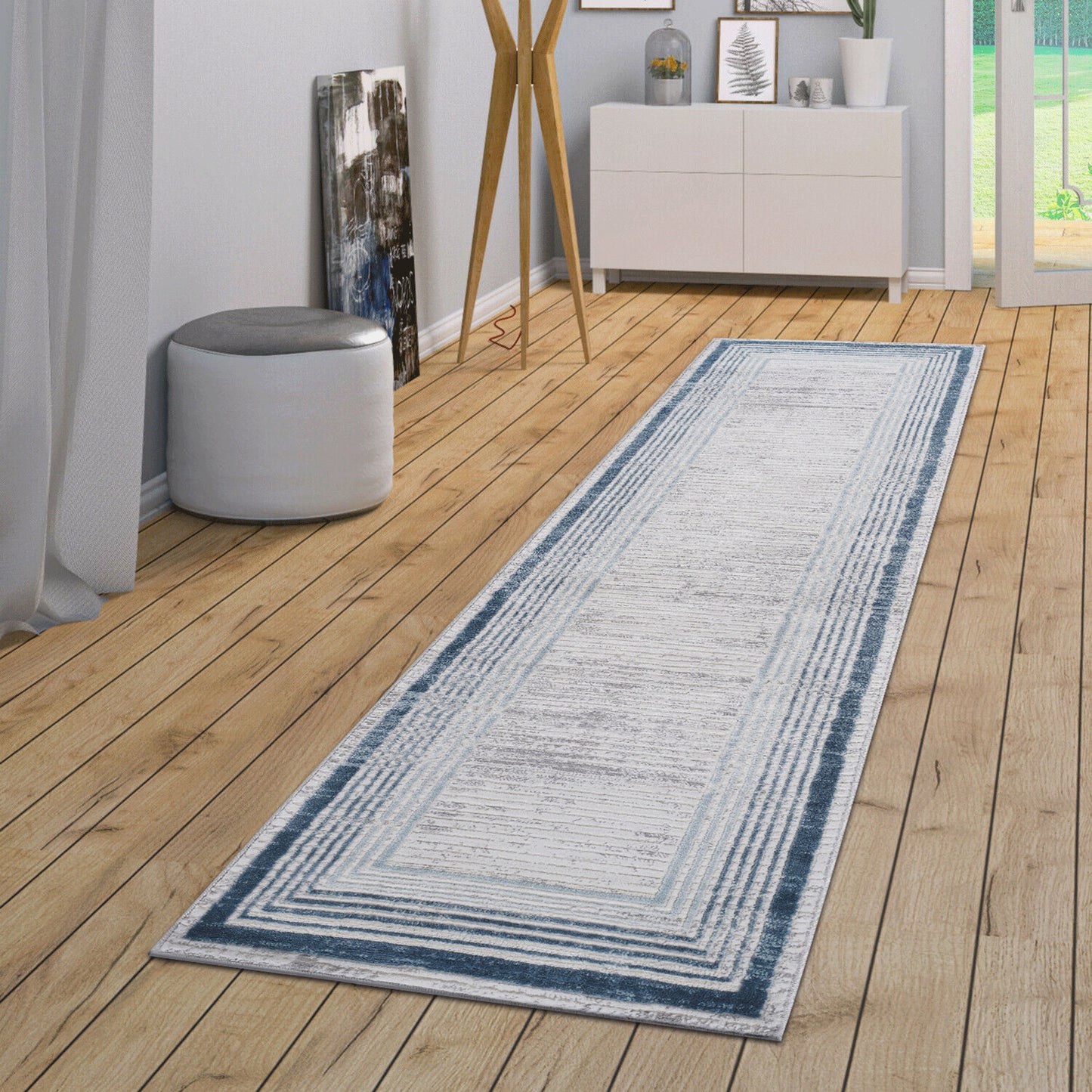 Marfi - 2' X 8' Bordered Runner Rug - Blue / Ivory
