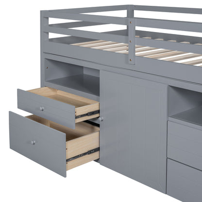 Twin Size Loft Bed With 4 Drawers, Underneath Cabinet And Shelves - Gray