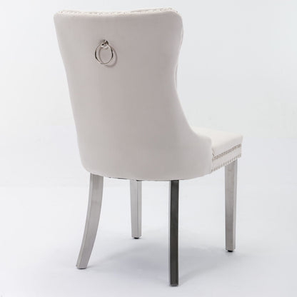 Nikki - Modern, High-End Tufted Solid Wood Contemporary Velvet Upholstered Dining Chair With Chrome Stainless Steel Plating Legs, Nailhead Trim (Set of 2) - Beige