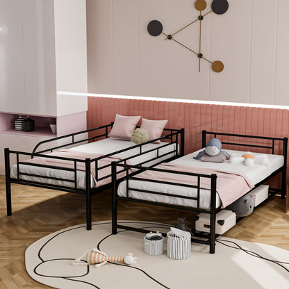 Twin Over Twin Bunk Bed With Shelf And Guardrails - Black