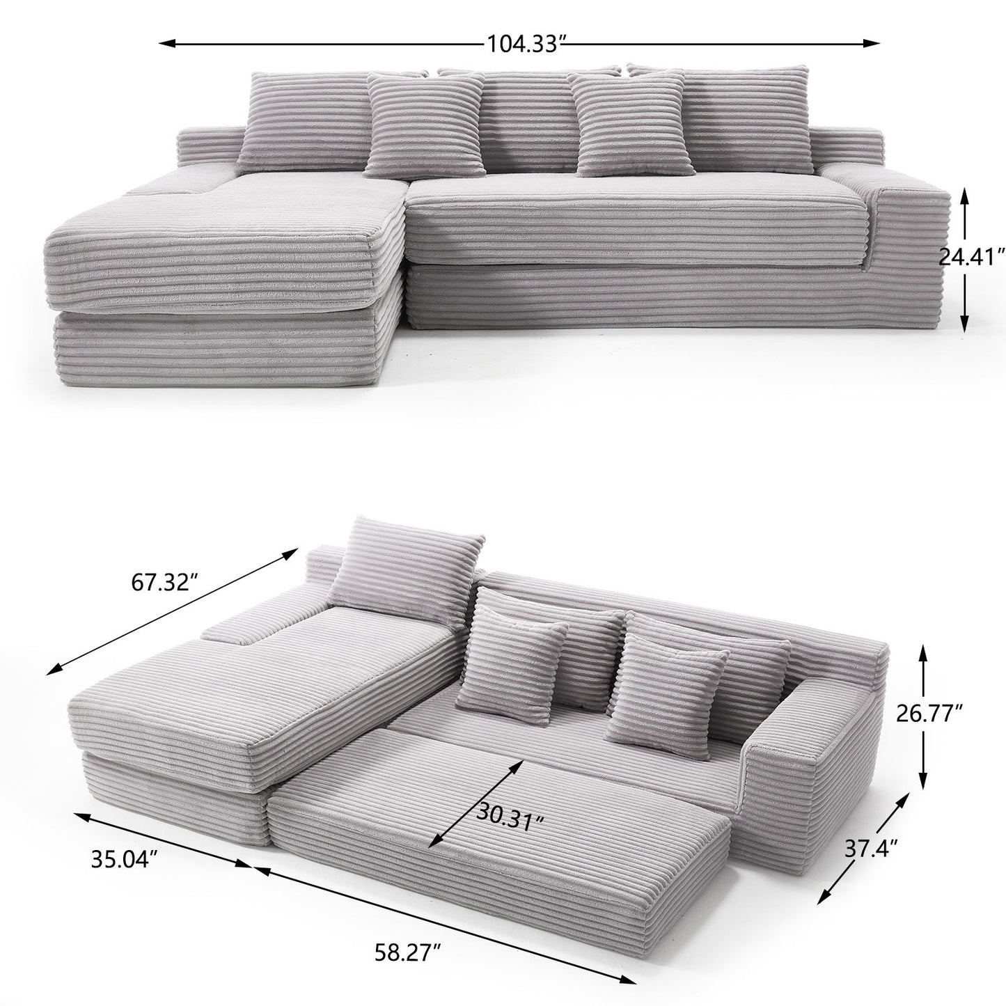 Modern L Shaped Sectional Sofa With Memory Foam & Steel Frame, Corduroy Fabric - Light Gray