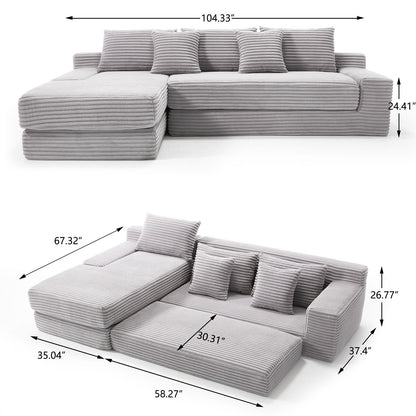 Modern L Shaped Sectional Sofa With Memory Foam & Steel Frame, Corduroy Fabric - Light Gray