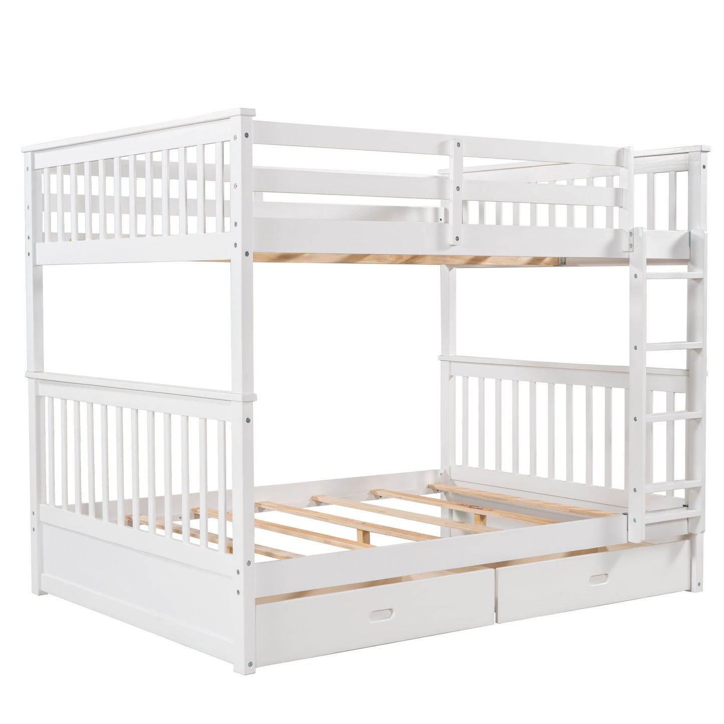 Full Over Full Bunk Bed With Ladders And 2 Storage Drawers - White