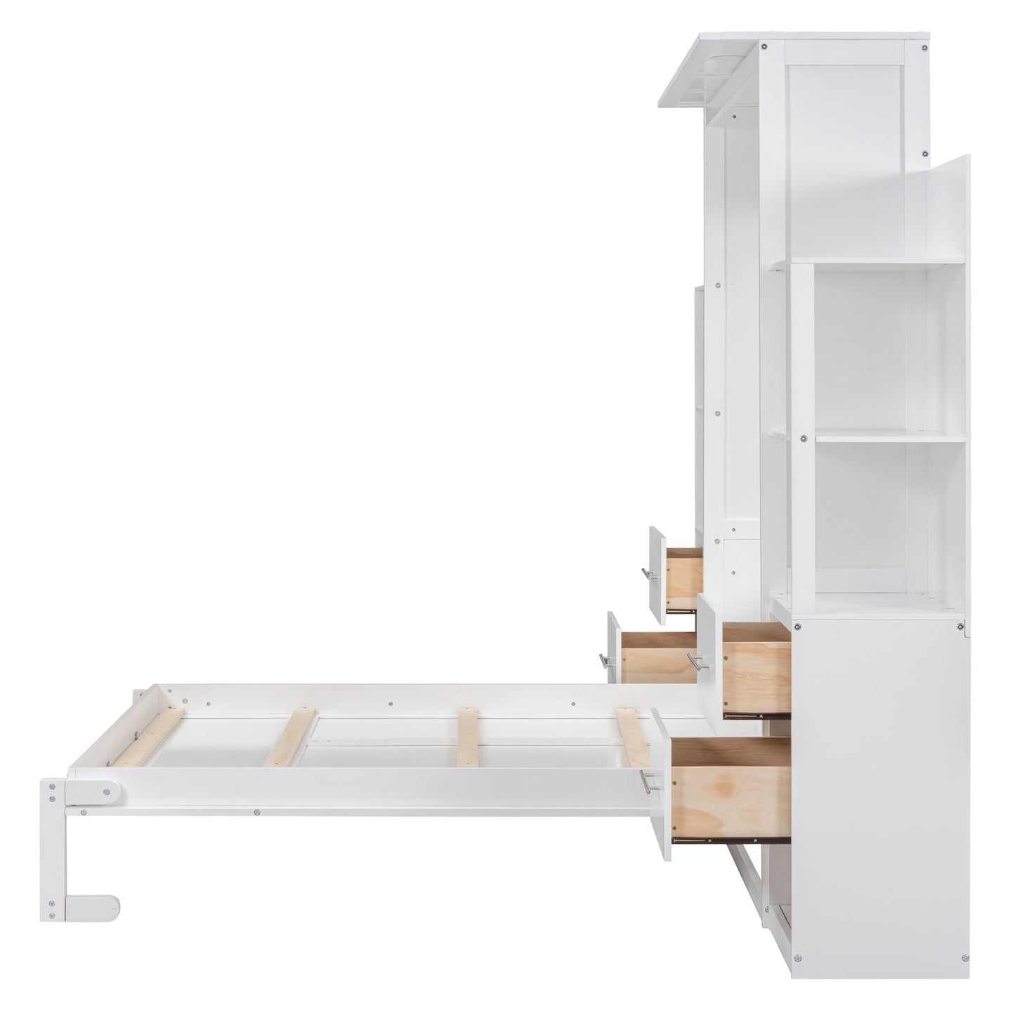 Full Size Murphy Wall Bed With Shelves, Drawers And LED Lights - White
