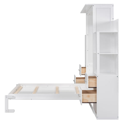 Full Size Murphy Wall Bed With Shelves, Drawers And LED Lights - White