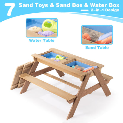3-In-1 Kids Outdoor Wooden Picnic Table With Umbrella, Convertible Sand & Water, ASTM & CPSIA Certification - Natural Wood