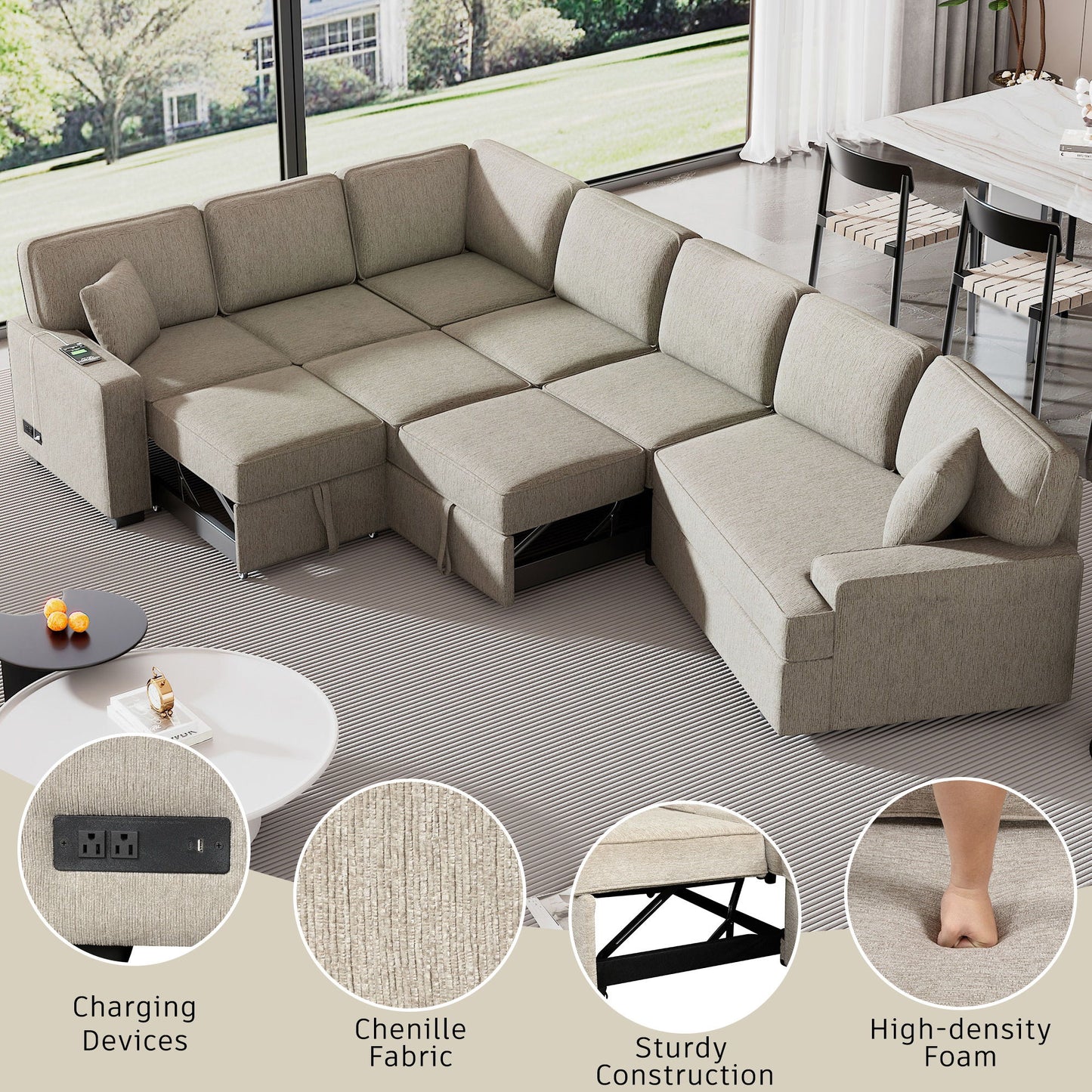 L-Shaped Sofa Sectional Sofa Couch Pull-Out Sofa Bed With Charging Devices And Cup Holders For Living Room - Beige