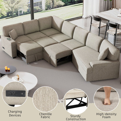 L-Shaped Sofa Sectional Sofa Couch Pull-Out Sofa Bed With Charging Devices And Cup Holders For Living Room - Beige