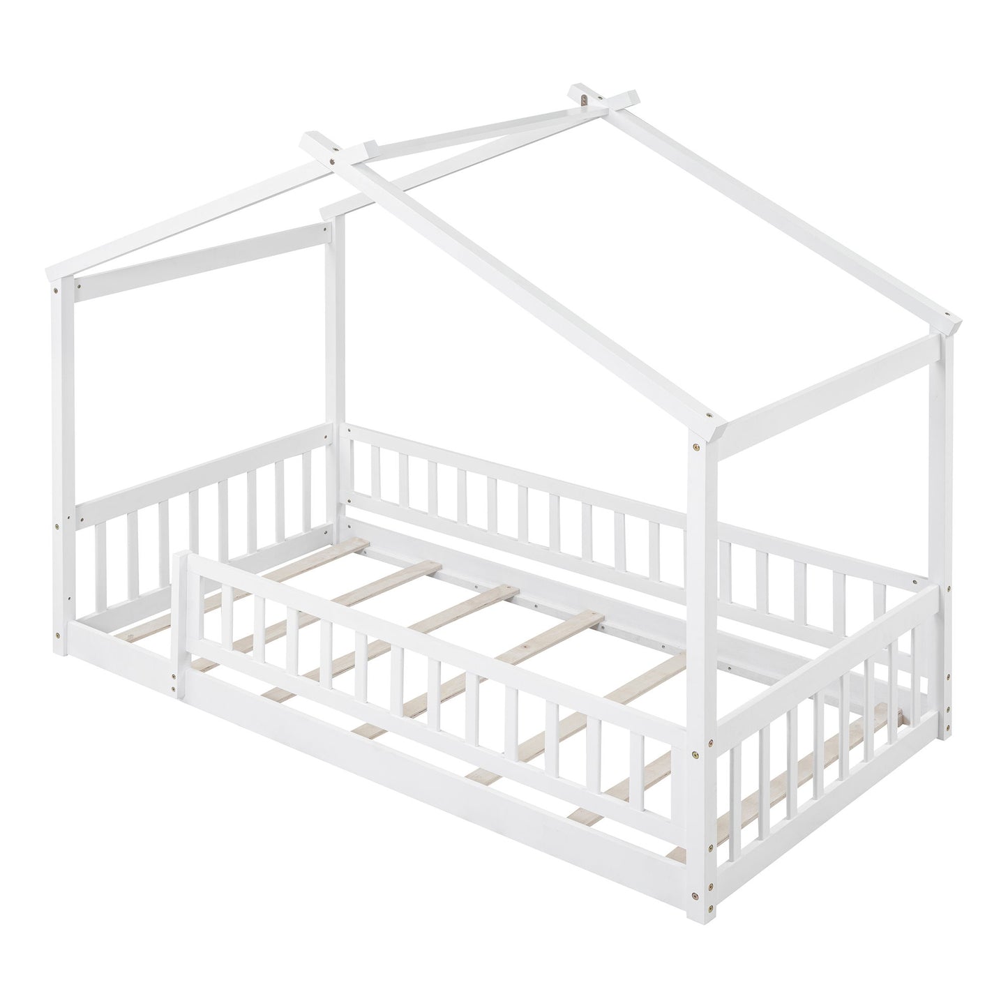 Twin Size Bed House Bed Frame & Fence - White