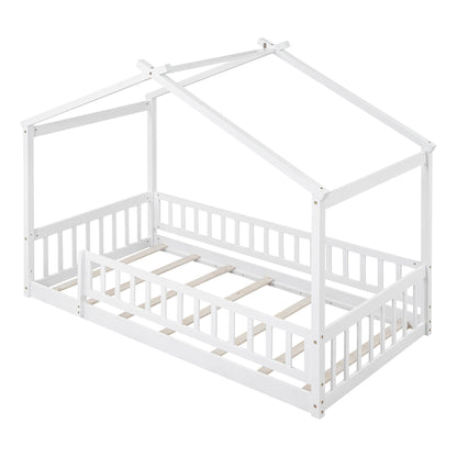 Twin Size Bed House Bed Frame & Fence - White