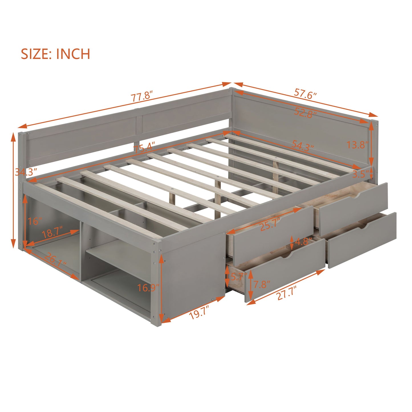 Full Size Daybed With Drawers And Shelves - Gray