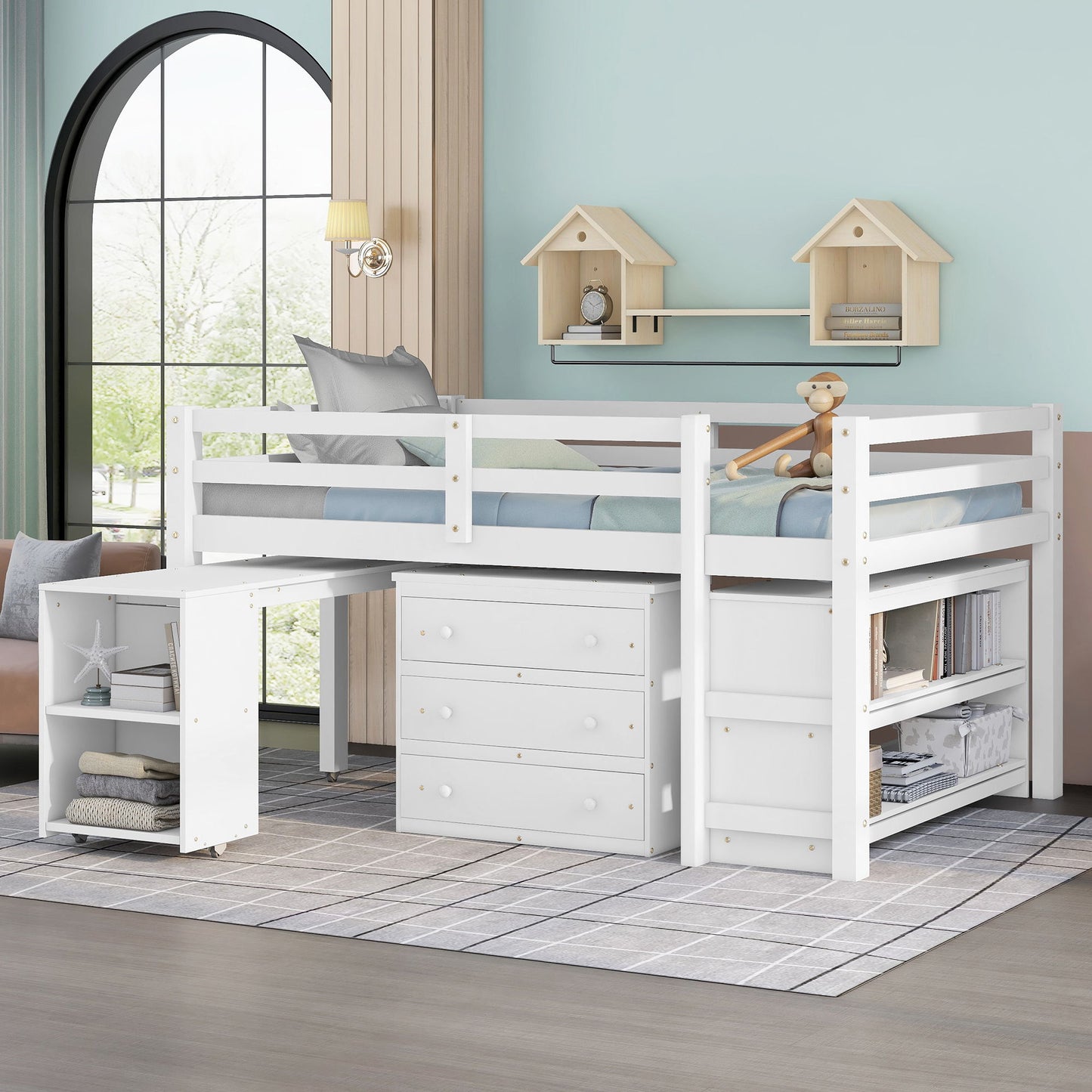 Full Loft Low Study Bed With Cabinet, Shelves And Rolling Portable Desk, Multiple Functions - White