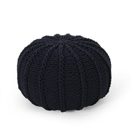 Bordeaux - Knitted Cotton Round Pouf Ottoman And Floor Cushion - Dark Blue