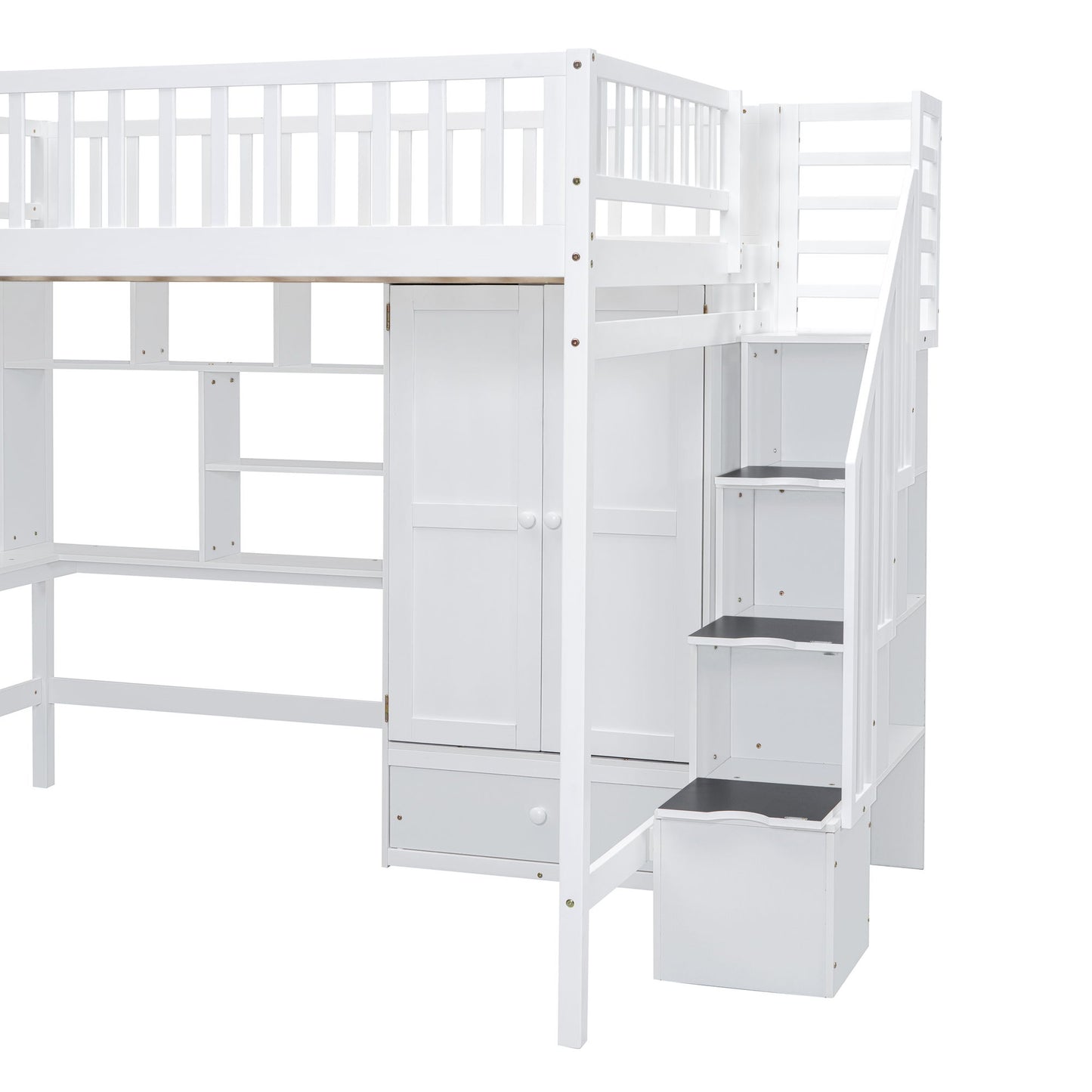 Full Size Loft Bed With Bookshelf, Drawers, Desk, And Wardrobe - White