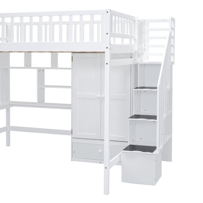 Full Size Loft Bed With Bookshelf, Drawers, Desk, And Wardrobe - White