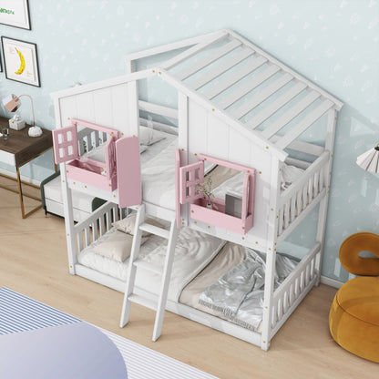 Twin Over Twin House Bunk Bed With Roof, Window, Window Box, Door, With Safety Guardrails And Ladder - Pink / White