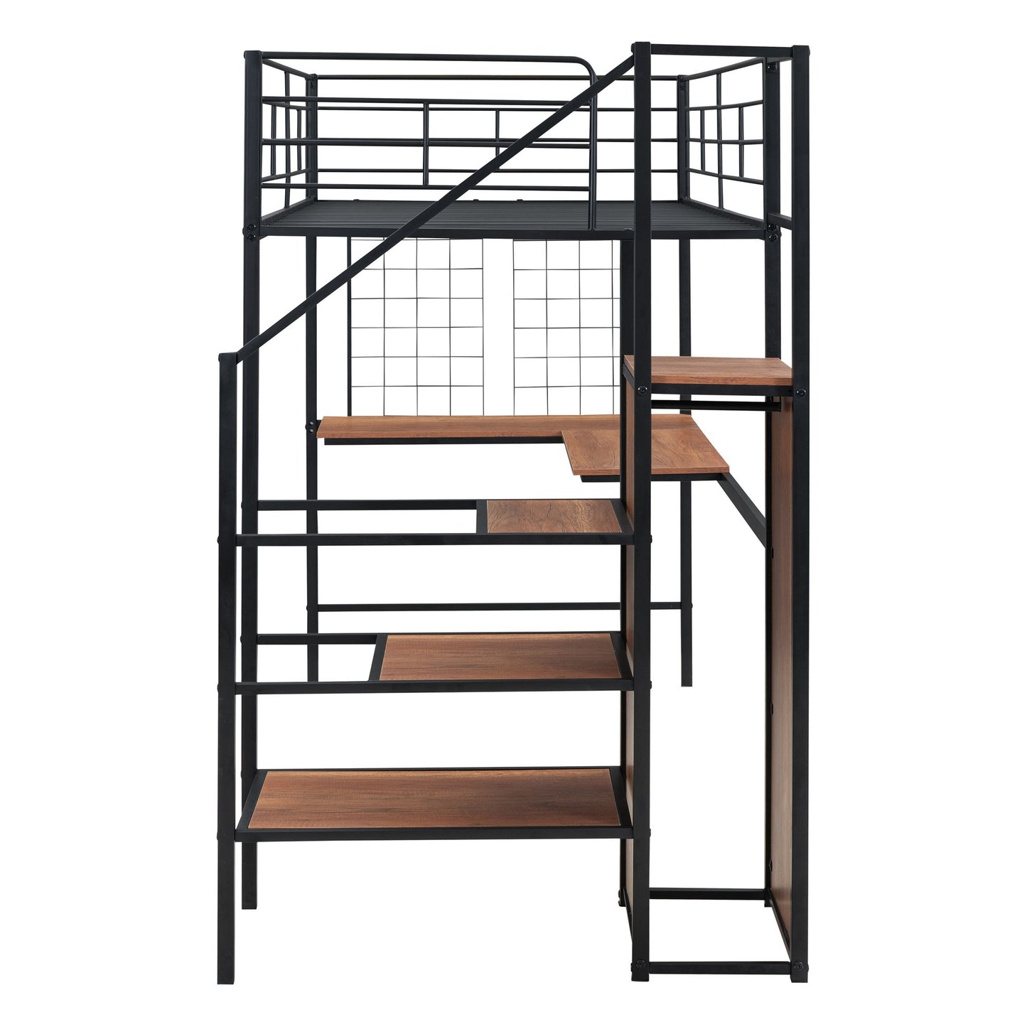 Twin Size Loft Bed With Desk And Grid, Stylish Frame With Lateral Storage Ladder And Wardrobe - Black