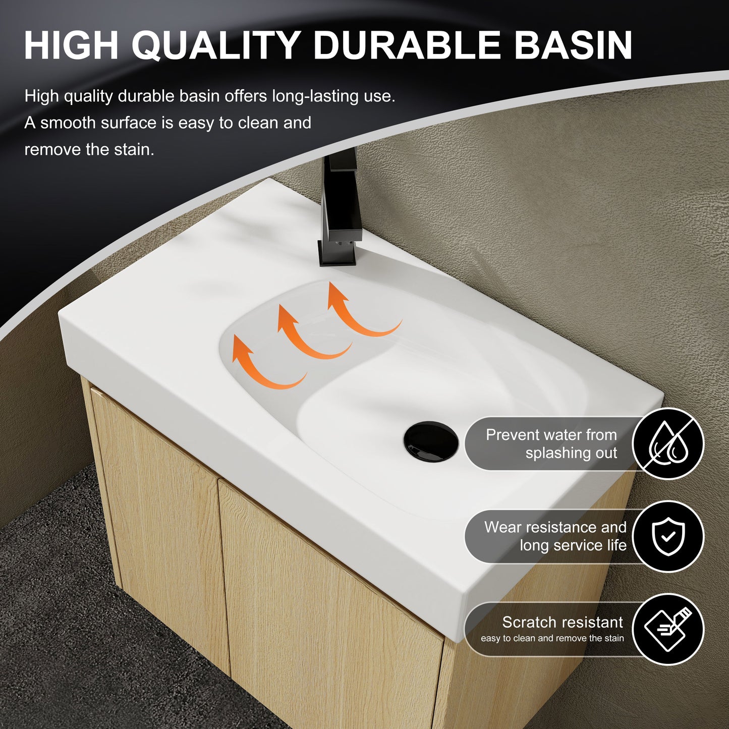 Modern 24" Bathroom Vanity With Ceramic Basin, Wall Mounted Floating Sink Combo, Wooden Storage Cabinet - Oak