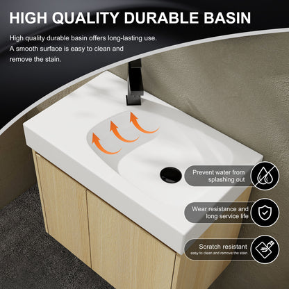 Modern 24" Bathroom Vanity With Ceramic Basin, Wall Mounted Floating Sink Combo, Wooden Storage Cabinet - Oak