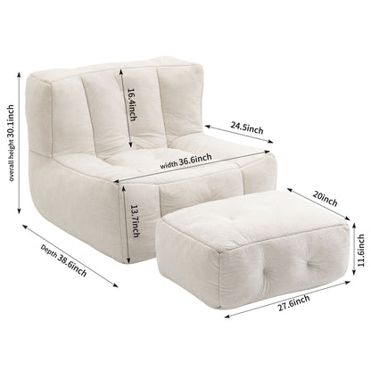 Fluffy Bean Bag Chair, Comfortable Bean Bag For Adults And Children, Super Soft Lazy Sofa Chair With Memory Foam And Ottoman, Indoor Modern Focus Bean Bag Chair For Living Room, Bedroom, Apartment - White