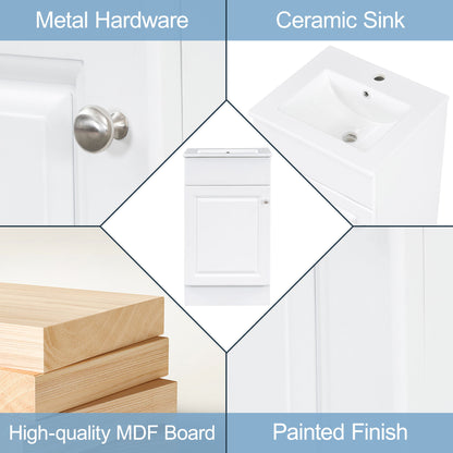 18" Bathroom Vanity With Sink, & Ceramic, Adjustable Shelf - White