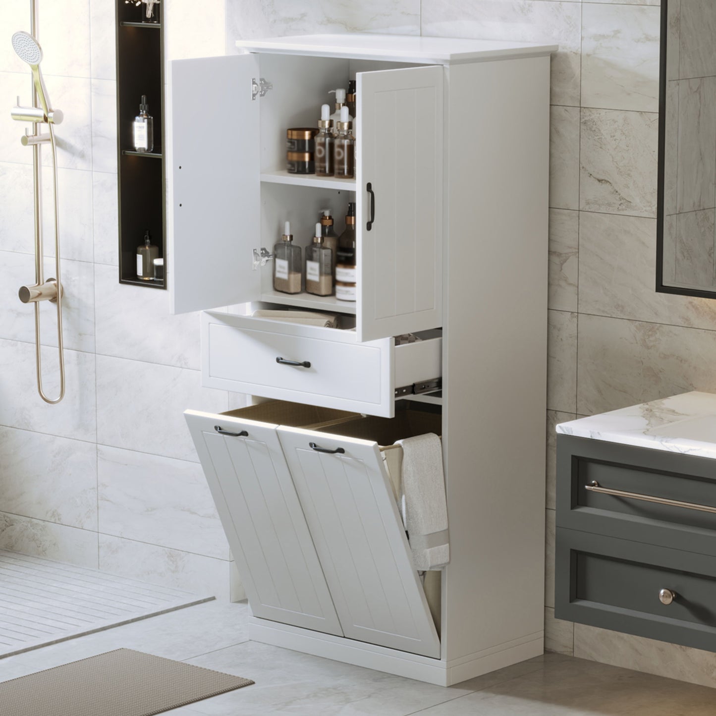 Modern Bathroom Storage Cabinet With 2 Laundry Baskets, 1 Drawer, Adjustable Shelf - White